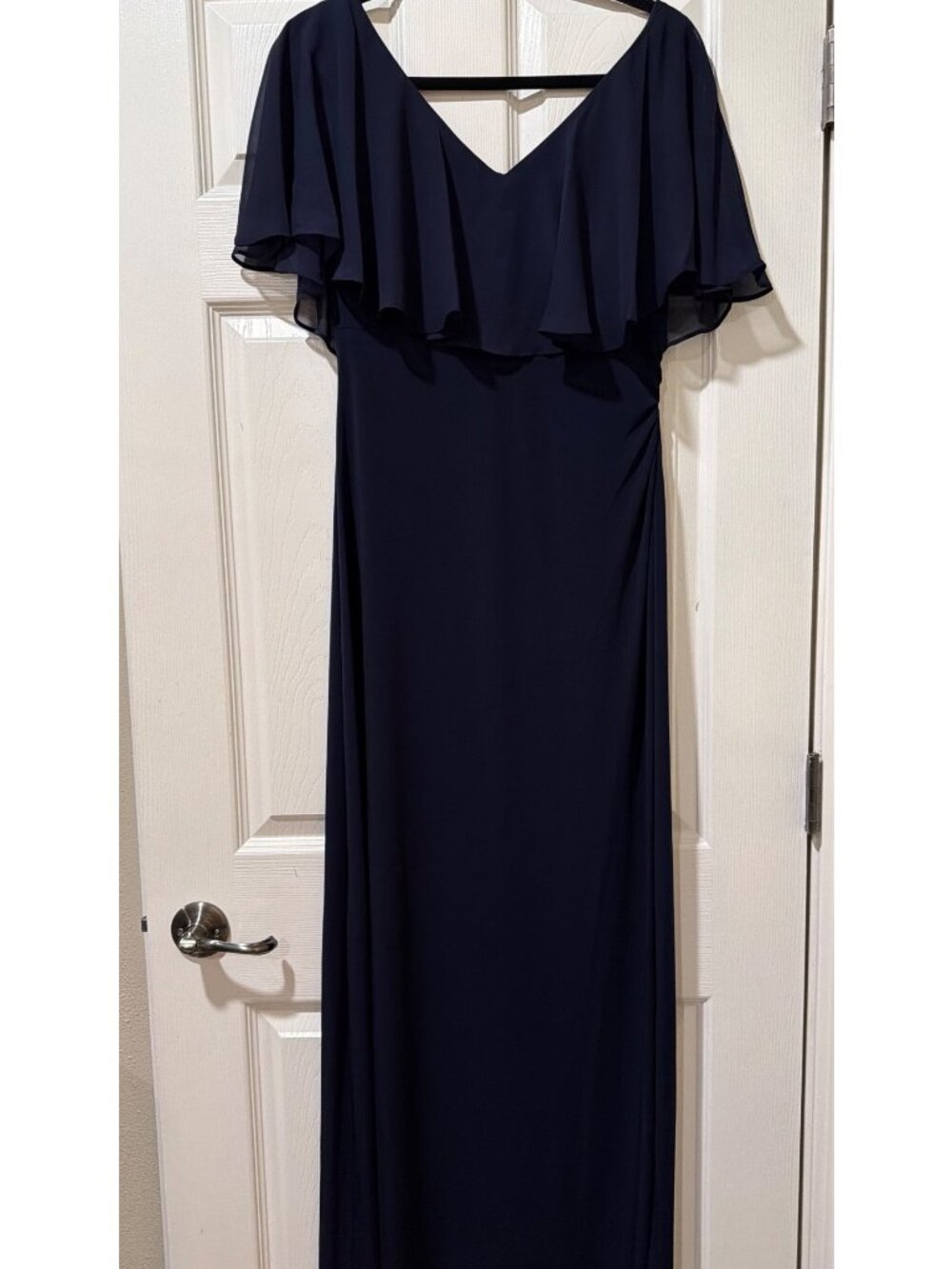 Connected Apparel Navy Blue Ruffle Off-Shoulder Gown Size 10 Stylish Evening Dre